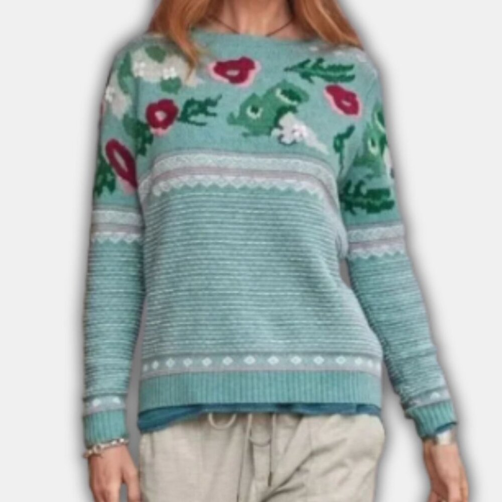Sundance Floral Embroidered Sweater S Blue Wool Blend Boho Cottage Cozy Pullover